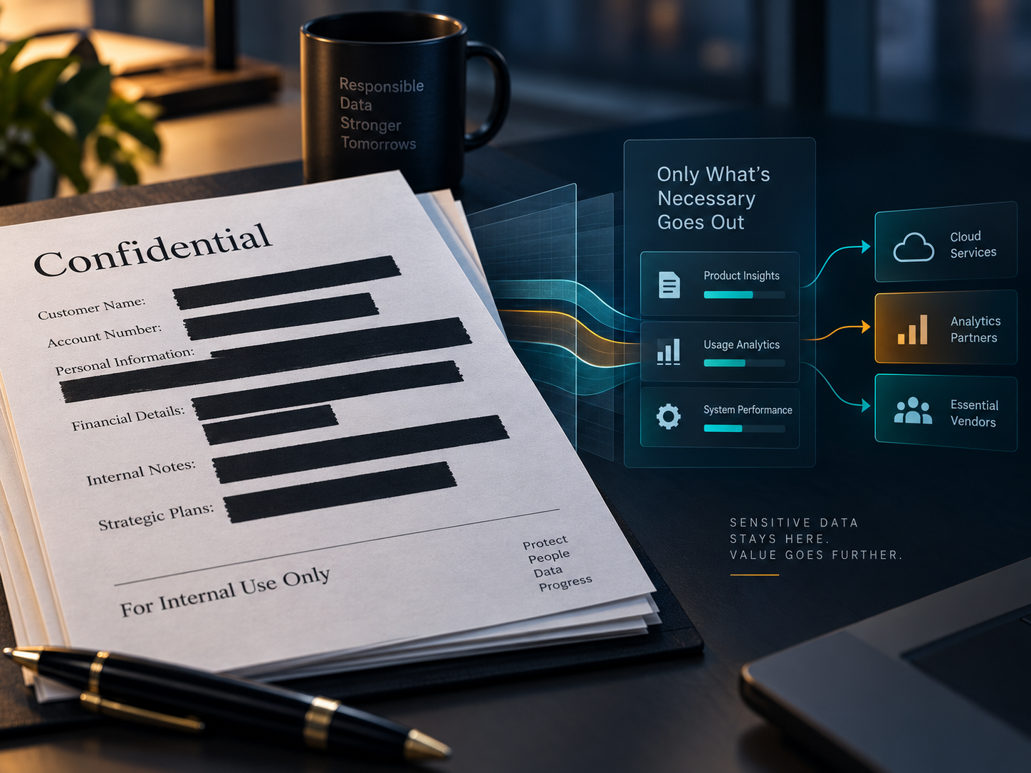A security engineer inspecting automated PII redaction and data minimization logs before external LLM transmission.