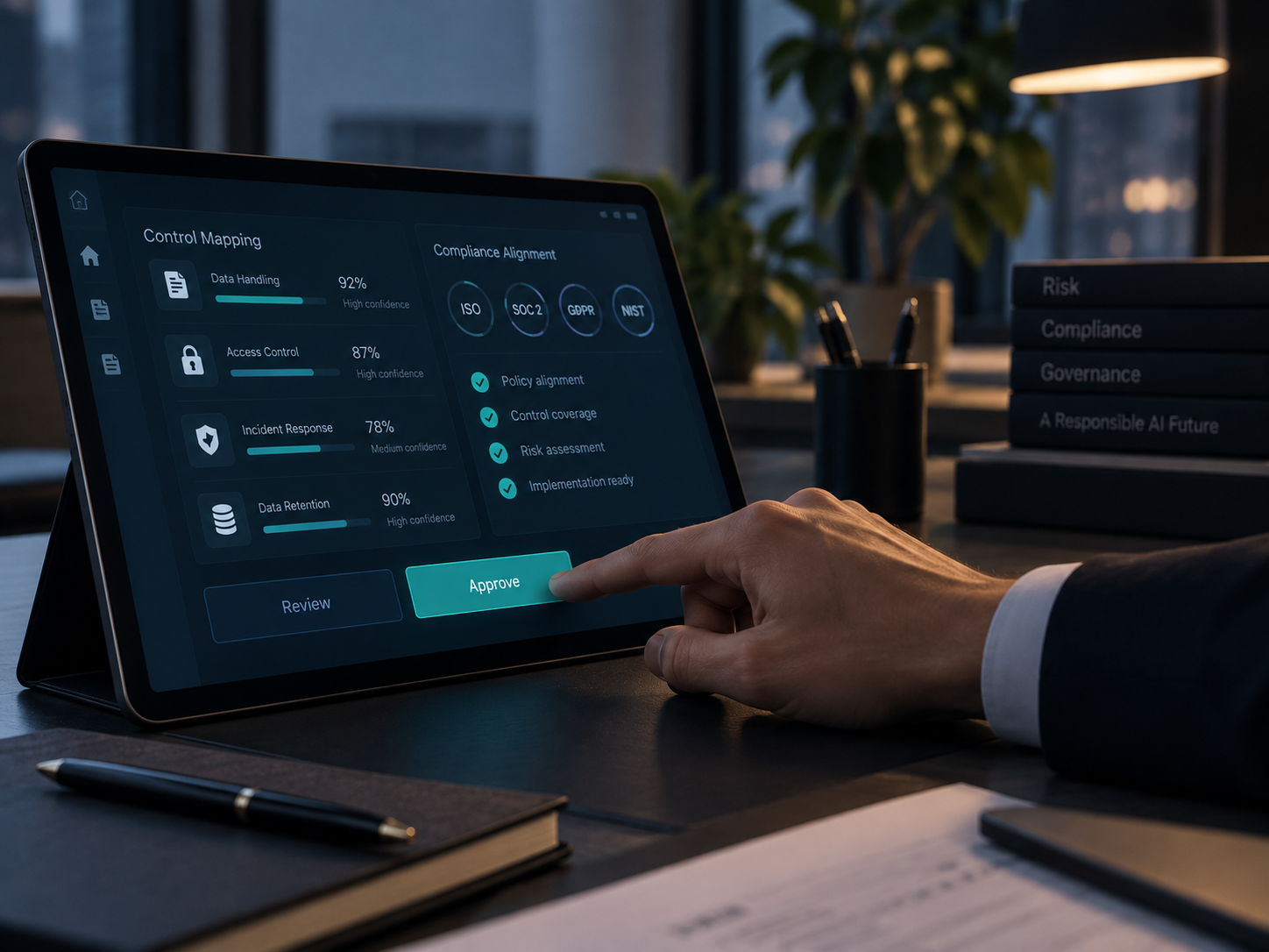 A compliance manager reviewing an AI-suggested control mapping on screen before giving mandatory analyst signoff.