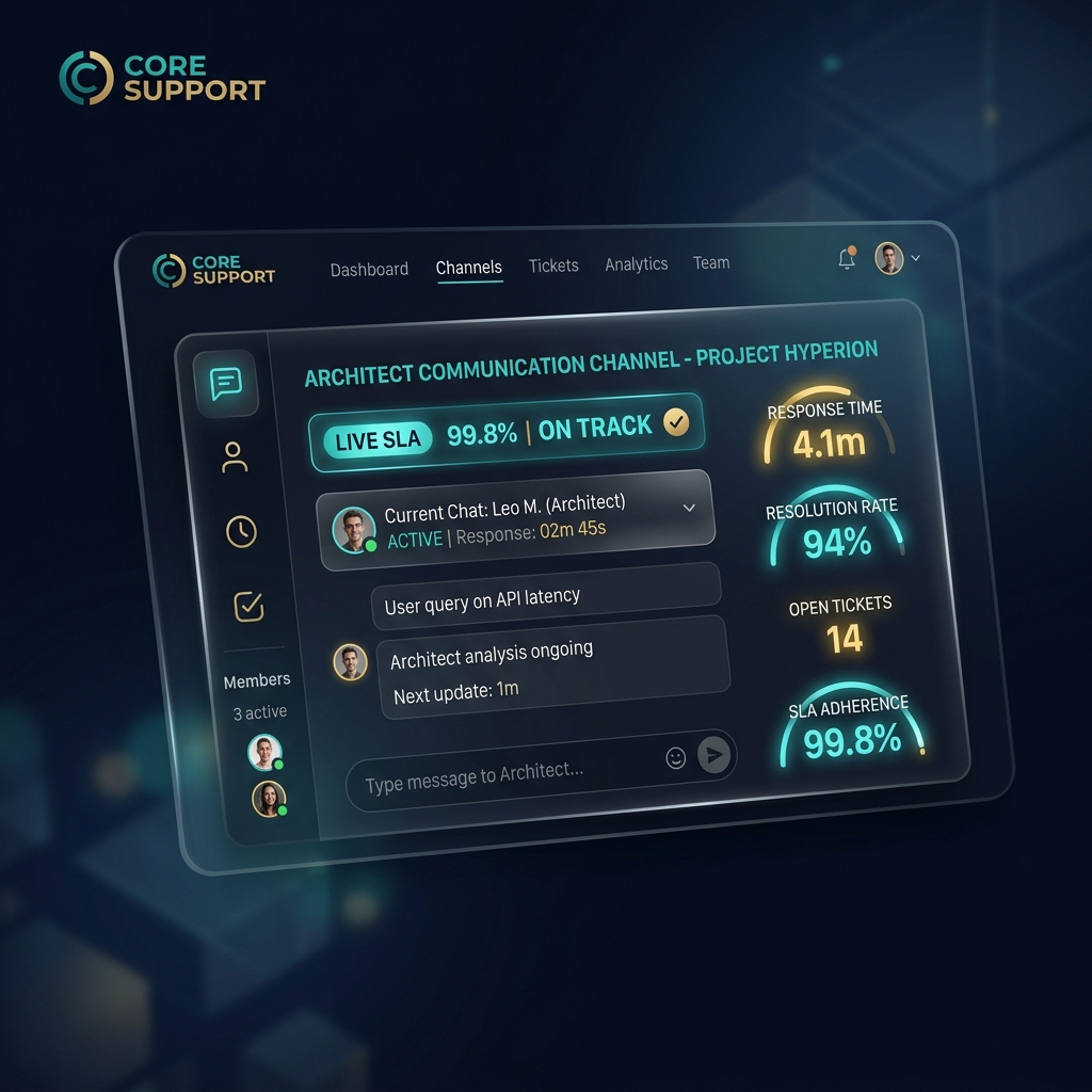 3D dark glassmorphic support dashboard showing live architect communication desk and SLA response metrics.