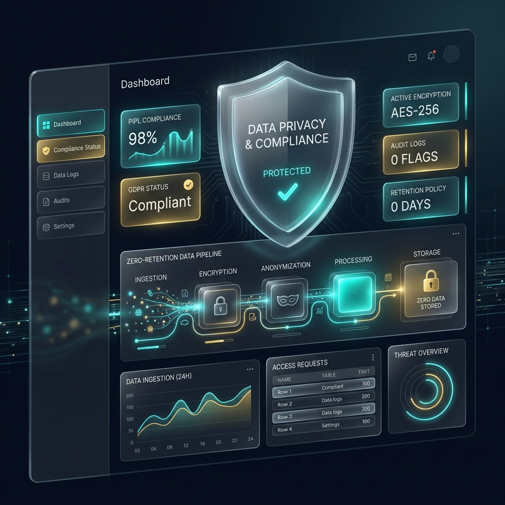 3D dark glassmorphic data privacy dashboard showing zero-retention payload sanitizer engine.